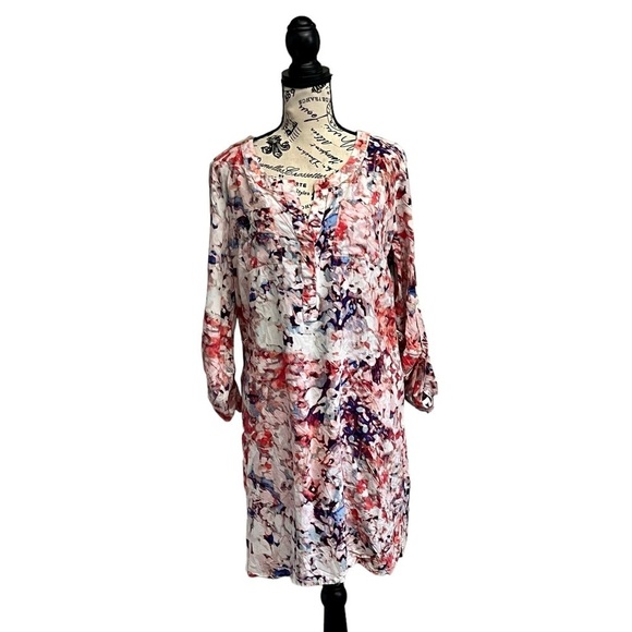 A.n.a Womens Art To Wear Watercolor V Neck Mini Shirt Dress L Workwear Modest - Picture 1 of 9